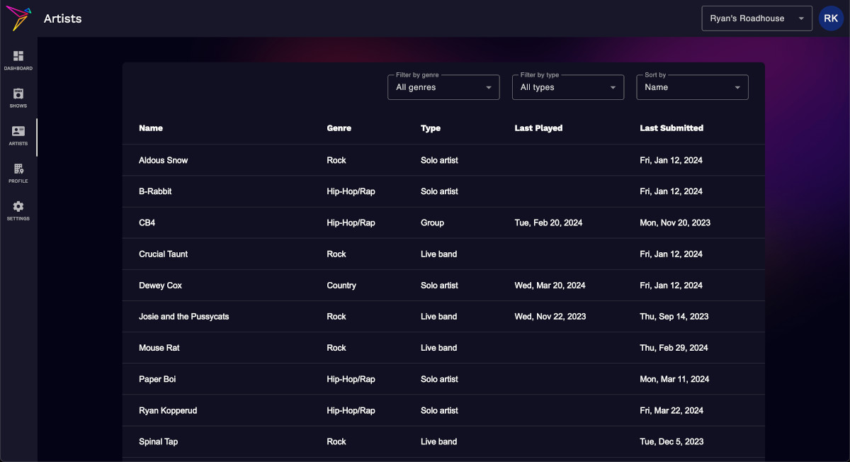 Screenshot of the Artists view within the Showscrow app
