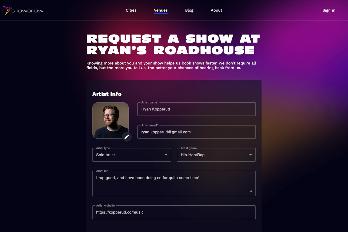 Screenshot of the top portion of a Showcrow booking form, filled out as Ryan Kopperud