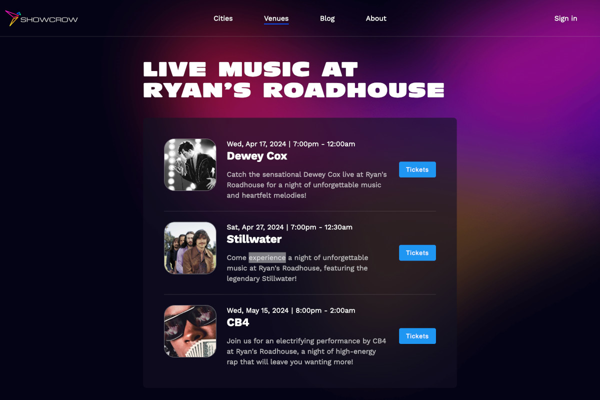 Screenshot of a Showcrow venue event calendar page for Ryan's Roadhouse