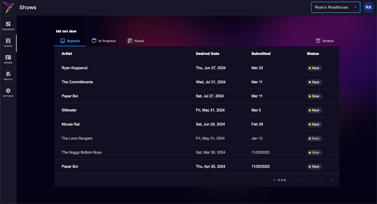 Screenshot of the Shows view within the Showscrow app