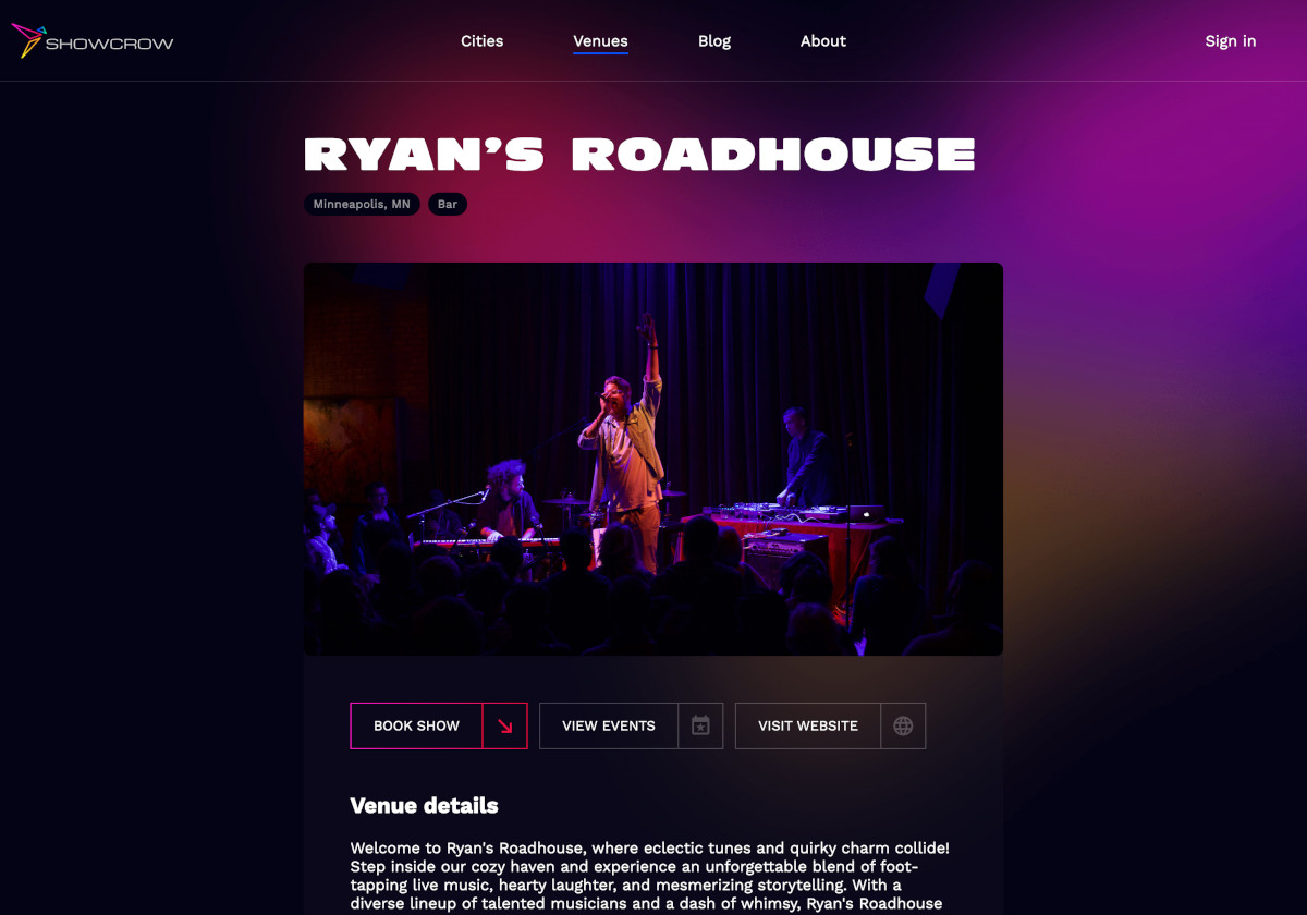Screenshot of a Showcrow venue profile page for Ryan's Roadhouse